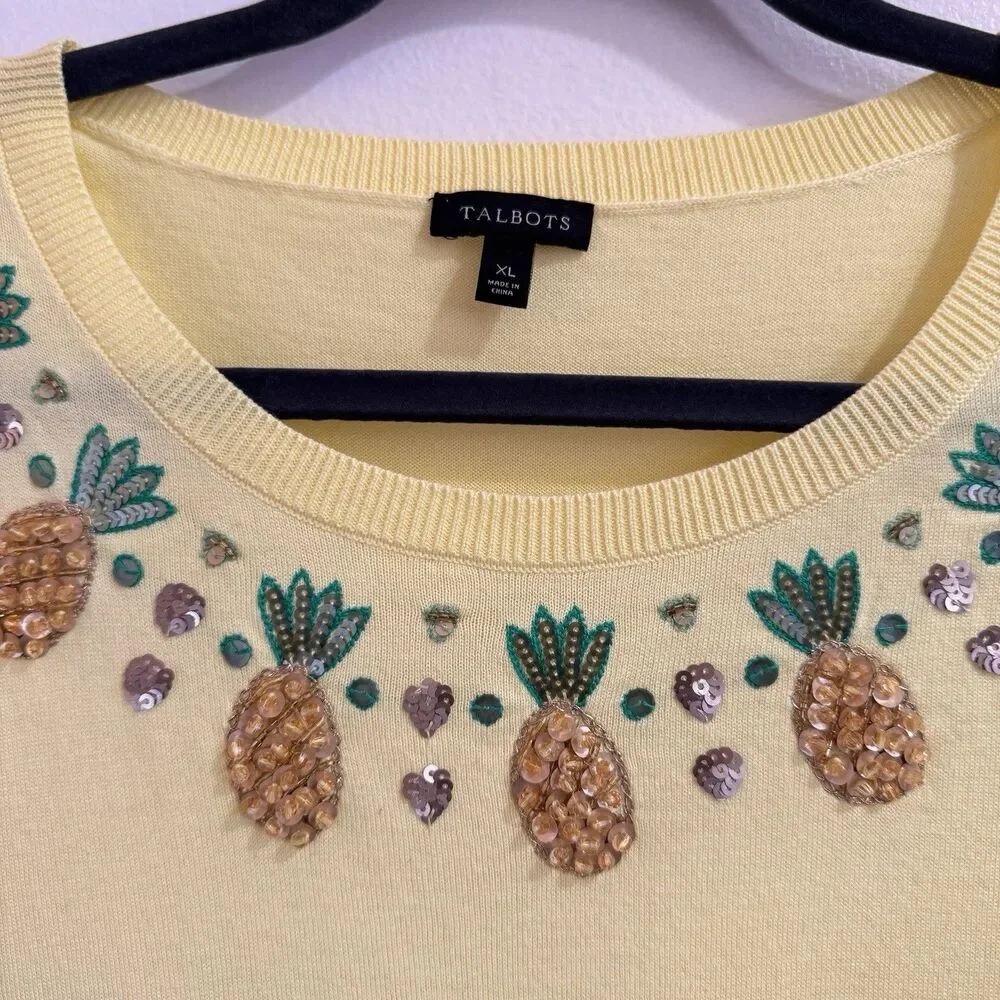 Talbots Sweater XL Yellow Pineapples Sequins Cotton Knit Stretch Crewneck - Picture 3 of 8